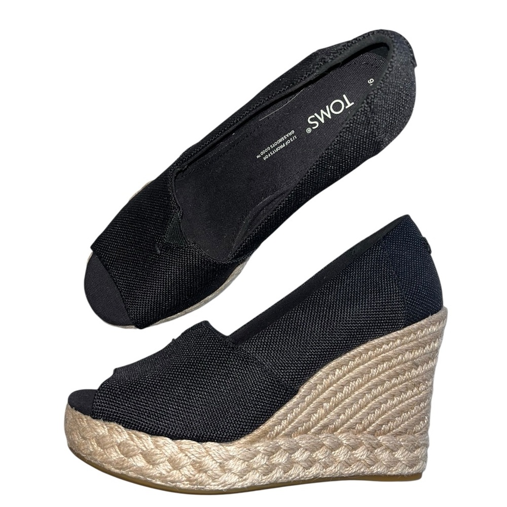 🌟EUC🌟 Toms Michelle Peep Toe Black Canvas Espadrille Wedge - Size 6